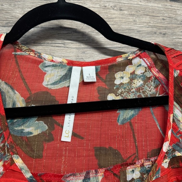 LC Lauren Conrad Red 3/4 Sleeve Blouse with Ruffled Style and Bib Collar - Picture 3 of 3